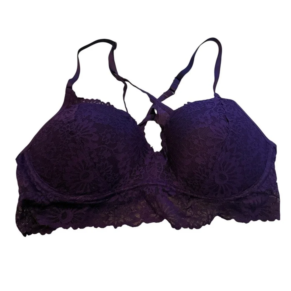 PINK Victoria's Secret Bralette Bra Womens Large Purple Lace Padded Wireless